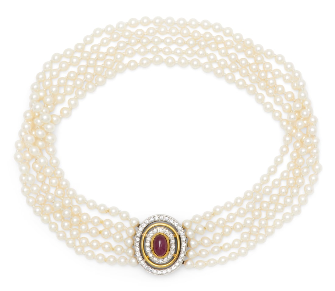 Ruby, Diamond and Cultured Pearl Choker (1 of 2)