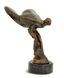 After Charles Robinson Sykes (British, 1875-1950): After Charles Robinson Sykes (British, 1875-1950) "Spirit of Ecstasy" bronze 20th century, cast signature along the side, after the ca. 1911 mascot designed for Rolls-Royce, on a circular black