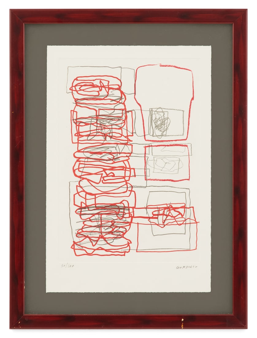 Luis Gordillo (Spanish, b. 1934): † Luis Gordillo(Spanish, b. 1934)"Sin Titulo"lithograph in colorspencil-signed on matting lower right and numbered "50/100" lower left.Matted, glazed and framed.sight 19-3/8"