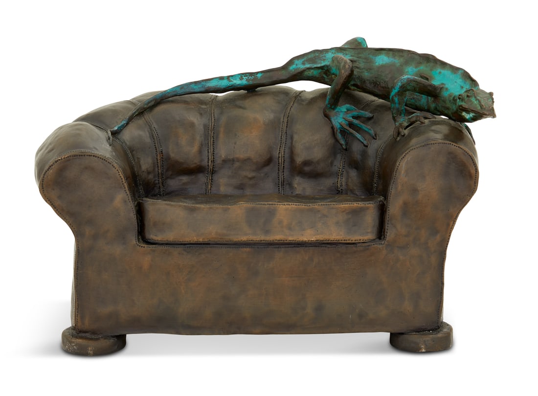 Frank Fleming (American, 1940-2018): Frank Fleming (American, 1940-2018) "Lounge Lizard" patinated bronze h. 9-1/2", w. 14-1/4", d. 7-3/4" He has animals he likes and others he won’t do. I asked him once if he ever sculpted a dinosaur.