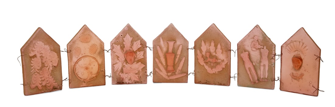 Mitchell Gaudet (American/Louisiana, b. 1962): † Mitchell Gaudet(American/Louisiana, b. 1962)"Screen"seven molded glass tilesseveral attached by wire.each h. 11-1/4", w. 6-1/2", deepest d. 2-1/2"