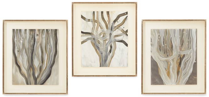 Chase Langford (American/California, b. 1960): † Chase Langford (American/California, b. 1960) "Untitled" three oils on paper Matted, glazed and presented in silver-leaf frames. each 17" x 14", framed 22-3/4" x