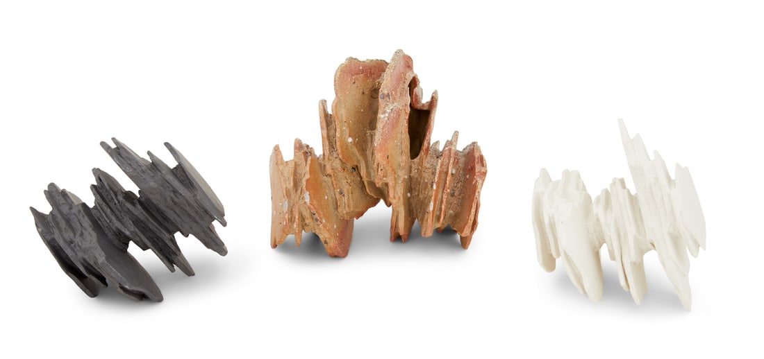 Simon Kidd (Irish, b. 1993): † Simon Kidd (Irish, b. 1993) "Stratum", 2020 three wood-fired, slip-cast stoneware sculptures cream, brown and steel gray. largest h. 7-1/2", w. 7-1/4", d. 7"; smallest h. 6", w. 6-3/4", d. 6-1/4" 