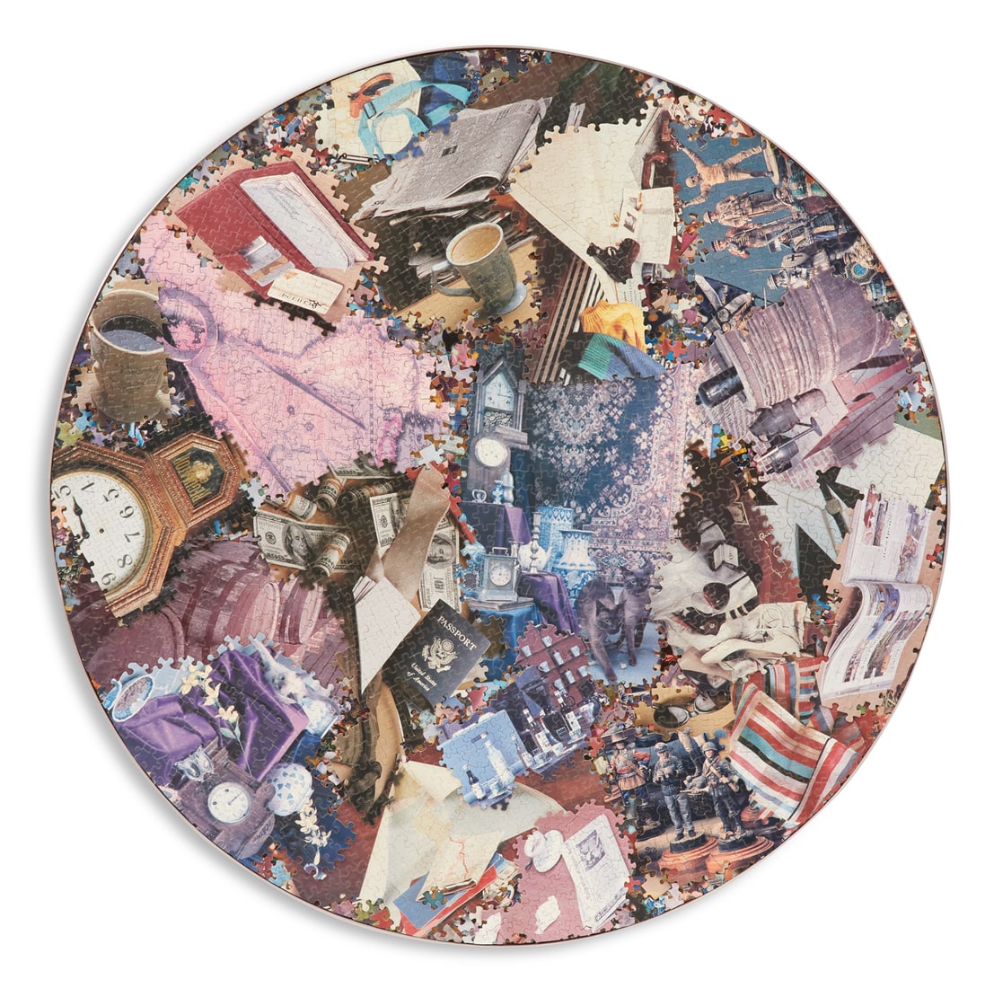 Al Souza (American/Texas, b. 1944): † Al Souza(American/Texas, b. 1944)"Who Did It", 2005puzzle parts on wood panel"Arthur Roger Gallery, New Orleans, LA" label and signed, titled and dated en verso.Unframed.dia. 41" Provenance: Arthu