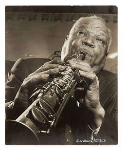 William Gottlieb (American, 1917-2006): William Gottlieb (American, 1917-2006) "Sidney Bechet" gelatin silver print later imprint after 1947 image, signed and copyright-marked lower right, three artist's stamps en verso. Unframed. 9-7/8" x