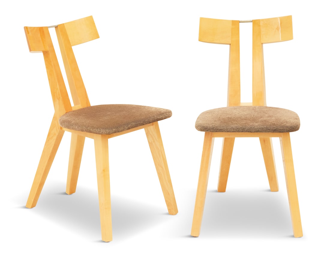 Pair of Modern Amlash Side Chairs: Pair of A. Soudaner for Mirak Maple Amlash Side Chairsthe curved back rest joined by a polished nickel silver brace and a pair of tapered supports, fitted with a padded seat and raised on square, tape