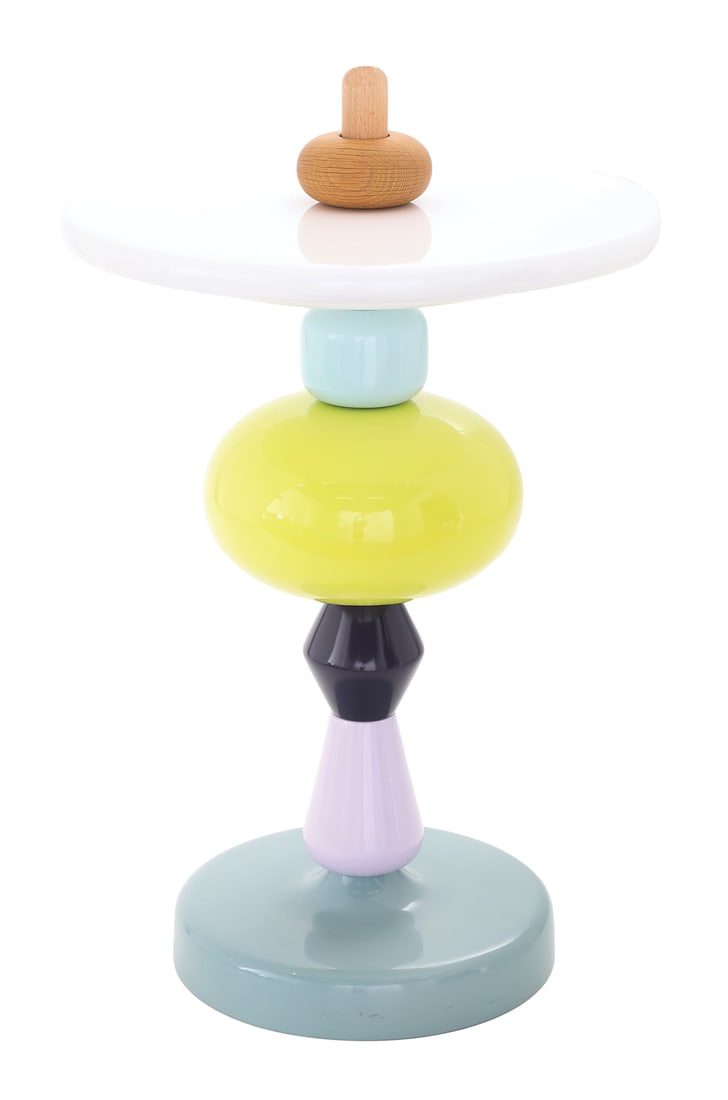 Mia Hamborg "Shuffle" Table: Mia Hamborg for &Tradition Copenhagen "Shuffle" Table lacquered MDF and wood, labeled at bottom, with variously brightly colored interchangeable stacking elements. h. 27", dia. 11-3/4&q