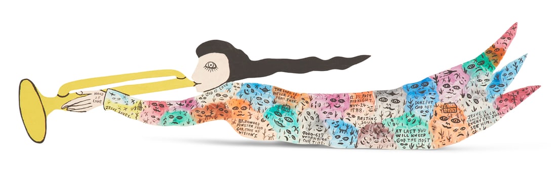 Howard Finster (American, 1916-2001): † Howard Finster (American, 1916-2001) "Angel", 1988 carved and painted wood signed and inscribed recto, signed, dated and inscribed en verso. 16" x 50" Provenance: Private collection, New Orleans, 