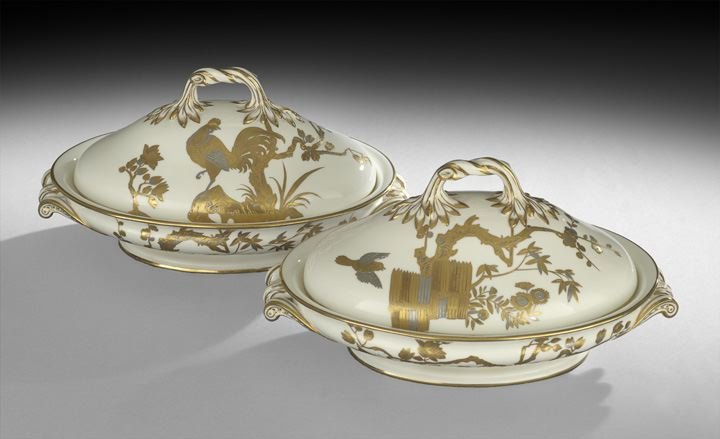 Pair of Minton Covered Vegetable Tureens: Pair of Minton Porcelain Aesthetic Movement Covered Vegetable Tureens, ca. 1872, English, decorated with gilt and platinum raised decoration depicting a rooster, butterflies and plum branches, while t