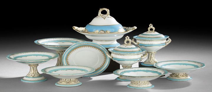 Collection of Rockingham-Style Dinnerware: Collection of Rockingham-Style Dinnerware, mid-19th century, English, all with turquoise trim, the group is comprised of five comports with gilt-trimmed bases, h. 2-1/2" to 10-1/2", a matching pair of