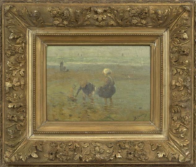 Bernardus Johannes Blommers (Dutch, 1845-1914): Bernardus Johannes Blommers (Dutch, 1845-1914) "Children Playing on the Beach", oil on panel, signed lower right "Blommers", 9-1/8" x 11-5/8". Presented in a 19th century giltwood and gesso frame. Pro