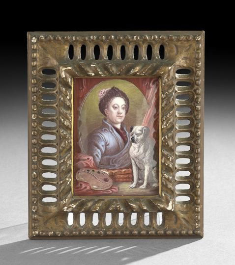 After William Hogarth (English, 1697-1764): After William Hogarth (English, 1697-1764), ca. 1900, Italian, enamel on copper after the 1746 self portrait with his pug, depicted on a stack of books with his palette and dog, mounted in pierced and