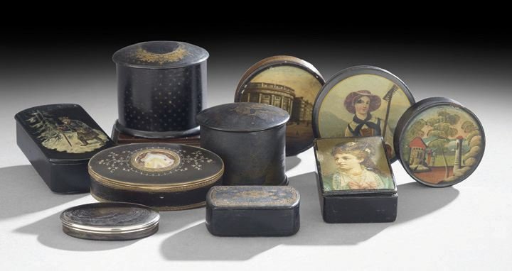 Collection of Continental Polychrome Snuff Boxes: Collection of Continental Papier-Mache and Other Snuff Boxes with Polychrome Decoration, 19th century, including a first quarter 19th century oval tortoiseshell and silver snuffbox, l. 2-3/4"; three s