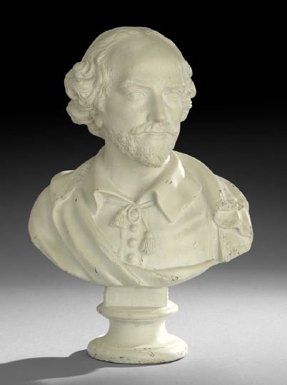 Molded Plaster Bust of William Shakespeare: Molded Polychrome Plaster Bust of William Shakespeare, ca. 1900, molded with an integral socle in a painted plaster finish, h. 21", w. 14", d. 8".