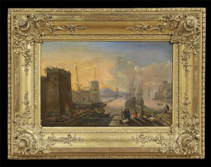Dutch School (17th Century): Dutch School (17th Century), "Busy Mediterranean Harbor Scene With Merchant Ships", oil on canvas, unsigned, 13" x 19-1/2". Presented in a attractive giltwood and gesso frame.