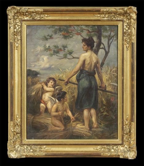 Franz Bohumil Doubek (Czech, 1865-1945): Franz Bohumil Doubek (Czech, 1865-1945), "Allegory of Harvest", oil on canvas, signed lower right "F. Doubek", 26" x 20". Framed.