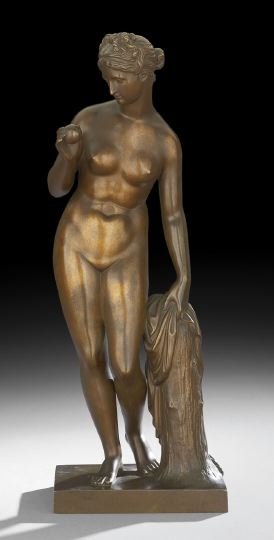 Continental Molded Copper Figure of "Eve": Continental Molded Patinated-Copper Figure of "Eve", fourth quarter 19th century, the square plinth supporting the standing nude figure, holding the apple, her cloak resting on an adjacent tree stump,