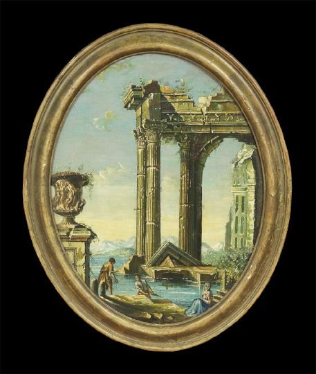 Follower of G. P. Pannini (Italian, 1691-1765): Follower of Giovanni Paolo Pannini (Italian, 1691-1765), "Capriccio With Fishermen in Classical Ruins" and "Capriccio With Peasants in Classical Ruins", pair of oval oils on canvas, both unsigned, 27"