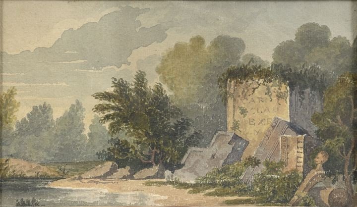 Circle of Paul Sandby (British, 1730-1809): Circle of Paul Sandby (British, 1730-1809), "Remembrance of the Past", watercolor on paper, unsigned, reverse with a "Jeremy North's Gallery, North Carolina" gallery label, sight 5" x 8-5/8". Matted a