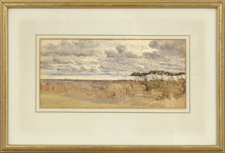 British School (19th Century): British School (19th Century), "Expansive Landscape With Grey Clouds", watercolor on paper, unsigned, sight 6" x 13". Glazed, handsomely matted and framed.