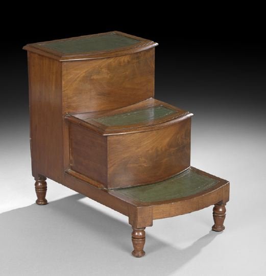 Regency Mahogany Bed Steps: Regency Mahogany Bed Steps, first quarter 19th century, consisting of three steps, all of bowed form and with inset leather surfaces, the upper two hinged and opening to storage spaces, raised on bulb