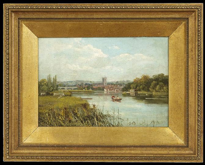 British School (Third Quarter 19th Century): British School (Third Quarter 19th Century), "Rower on River Thames, With View of Henley-on-Thames, Oxfordshire", oil on canvas, unsigned, reverse inscribed "Henley Thames", 7" x 10". Framed.
