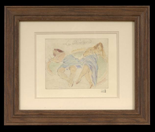 Jules Pascin (French, 1885-1930): Jules Pascin (French, 1885-1930), "Le Divan", hand colored etching, stamped lower right "Atelier Pascin", sight 7-3/8" x 9-3/8". Glazed, matted and framed.