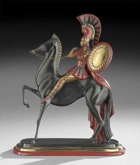 After Erte (Russian/French/American, 1892-1990): After Romain de Tirtoff Erte (Russian/French/American, 1892-1990), "Amazon", enameled bronze sculpture, depicting a dramatic female with a red cape, headdress and tunic, astride a prancing horse carry