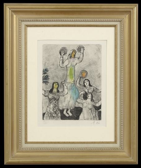 Marc Chagall (Russian/French, 1887-1985): Marc Chagall (Russian/French, 1887-1985), "Miriam, the Sister of Moses, Dances with Her Companions to Celebrate the Deliverance of Israel" from The Bible (C. Books 30), hand colored etching, 1931-1939