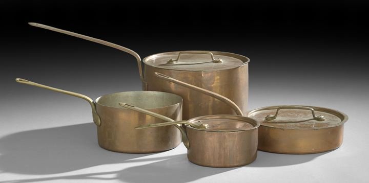 Collection of French Tin-Lined Copper Cookware: Collection of French Tin-Lined Copper Cookware, comprised of a large saucepan with dovetailed construction, the lid stamped "Bazaar Francais New York", h. 7", dia. 11", l. 23", an u-lidded saucepan fr