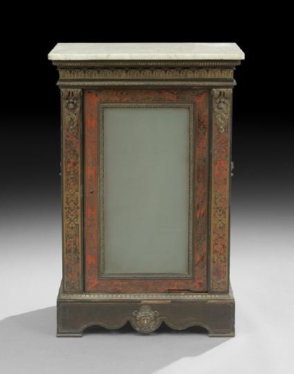 Napoleon III Boulle and Marble-Top Cabinet: Napoleon III Boulle and Marble-Top Cabinet, third quarter 19th century, the rectangular Carrara marble top, above a conforming case fitted with an ormolu acanthine frieze over a single glazed cupboard
