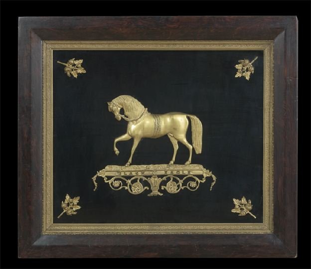 American Gilt-Bronze Shadow Box Picture: American Equestrian Gilt-Bronze Shadow Box Picture, third quarter 19th century, depicting "Black Eagle", a renowned circus horse with The American Circus, Howes and Cushing, the gilt horse stands in a