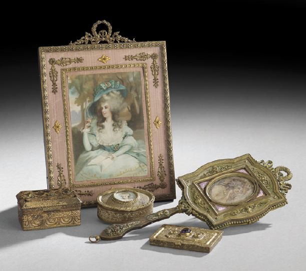 Collection of Lady's Dressing Table Accessories: Collection of Belle Epoque Lady's Dressing Table Accessories, first quarter 20th century, comprised of a watercolor of Madame Pompadour in a gilt-brass picture frame, h. 9-1/2", w. 6-3/4", a beveled,