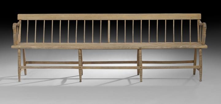 American Sheraton Deacon's Bench: American Sheraton Deacon's Bench, second quarter 19th century, made of stripped pine and poplar with eight turned legs, joined by stretchers, one board plank bottom, turned armed supports and straight
