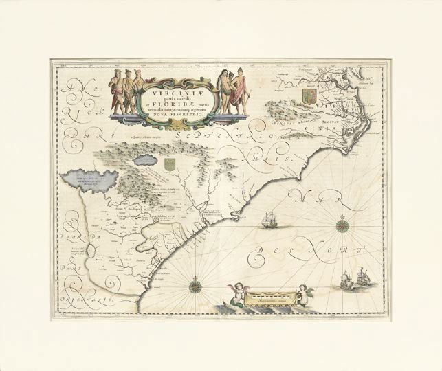 Rare Hand Colored and Engraved Map: Rare Hand-Colored and Engraved Map, "Virginiae partis australis, et Floridae partis orientalis, interjacentiumgus regionum Nova Descripto", by Willem Janszoon Blaeu, c. 1640. Matted and unframed.