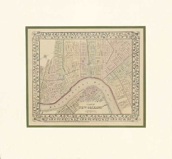 Plan of New Orleans: Plan of New Orleans, hand-colored engraved map by S. Augustus Mitchell, published 1872, sight 10" x 12". Matted and unframed.