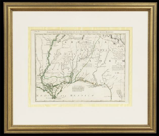 Map of Carolina, Louisiana, and Florida: Hand-Colored, Engraved and Framed Map of Carolina, Louisiana, and Florida, including the Mississippi River, Lake Pontchartrain, Mobile Bay and part of Georgia, sight 13-1/2" x 18".