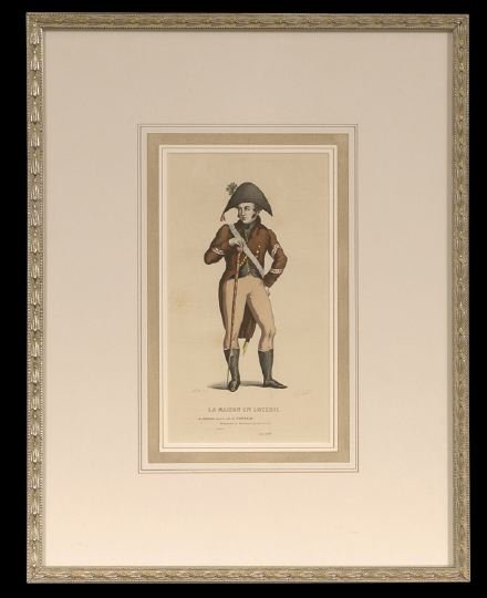 Edouard Follet (French, 2nd Quarter 19th Century): Edouard Follet (French, Second Quarter 19th Century), "Les Oisifs" and "La Maison En Loterie", two theatrical hand colored engravings, sight 9" x 5". Both glazed, handsomely French matted and framed.