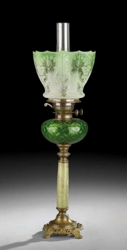 Victorian Bronze, Glass and Onyx Banquet Lamp: English Victorian Bronze, Glass and Onyx Banquet Lamp, fourth quarter 19th century, the round bronze base scroll-molded and pierced, supporting the onyx standard, mounted with an emerald green molded