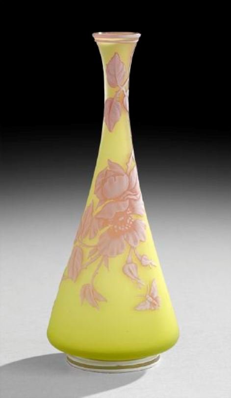 Thomas Webb Cameo Glass Vase: Thomas Webb Cameo Glass Vase, fourth quarter 19th century, English, the three-colored vase, signed with the "Gem" signature, decorated with flower branches and butterflies in white-over-red-over-yello