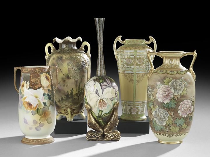 Collection of Nippon Vases: Collection of Nippon Vases, second quarter 20th century, one example with a ruffled top and a yellow ground, with raised decoration depicting an owl on tree branches in a scrolled cartouche, marked "R