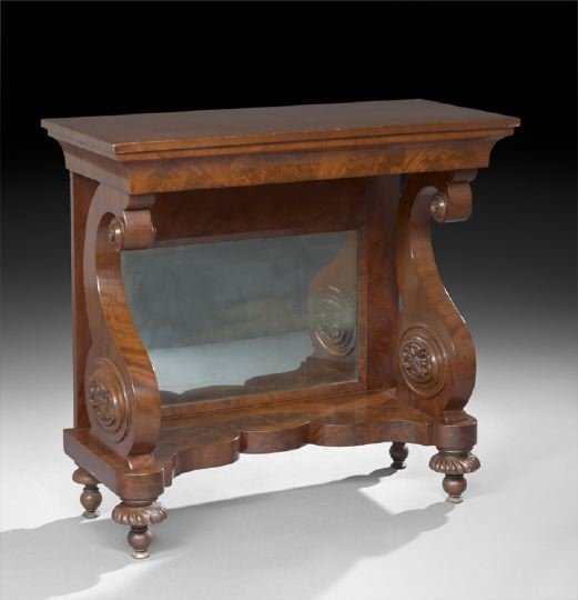 American Late Classical Mahogany Pier Table: American Late Classical Mahogany Pier Table, second quarter 19th century, Philadelphia, the cove-molded frieze on scroll supports, each with a foliate-carved ovoid panel at the base, the columns on a 