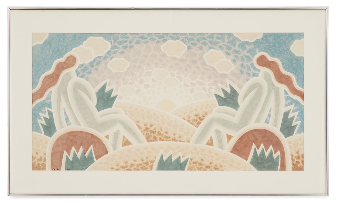 Robert Gordy (American/Louisiana, 1933-1986): Robert Gordy(American/Louisiana, 1933-1986)"Desert Dawn", 1977marker and ink on papersigned and dated lower left, verso with "Galerie Simonne Stern" label.Matted, glazed and framed.sight 17" x 32-1/2"