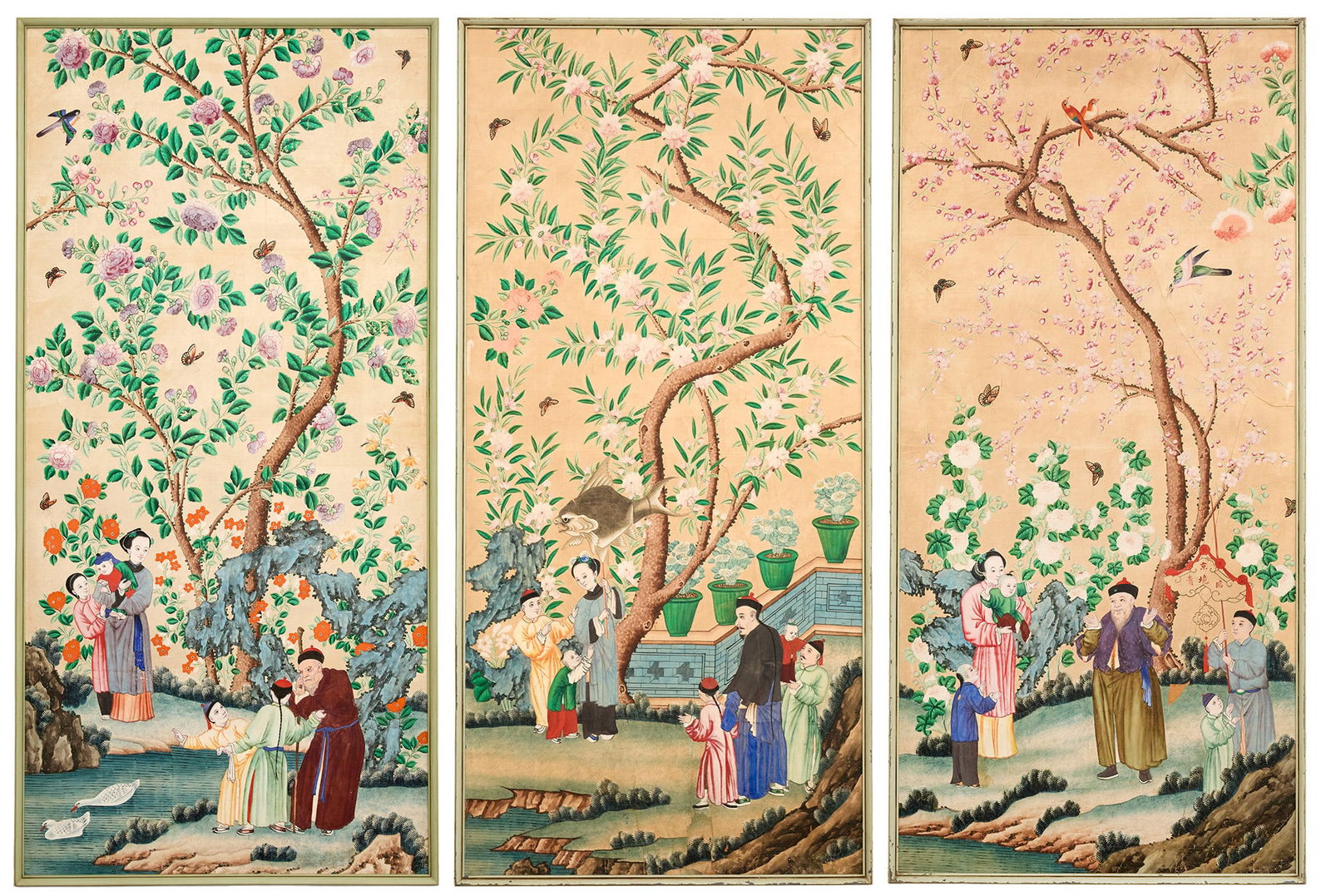Three Large Chinese Painted Panels