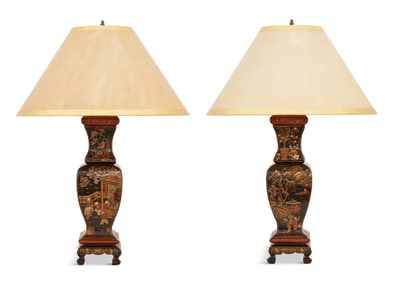Pair of Japanned Wooden Table Lamps