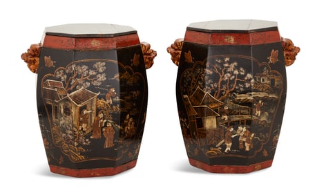 Chinoiserie Lacquered Drum Barrel Containers