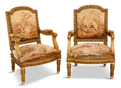 Pair of Napoleon III Giltwood Fauteuils