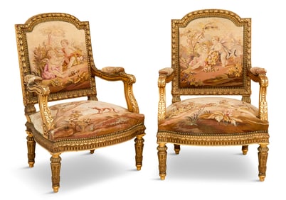 Pair of Napoleon III Giltwood Fauteuils