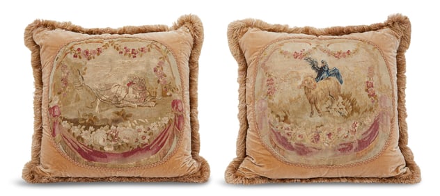 Pair of Fringed Velvet Aubusson Pillows
