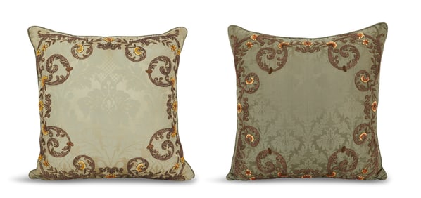 Pair of Damask and Passementerie Pillows